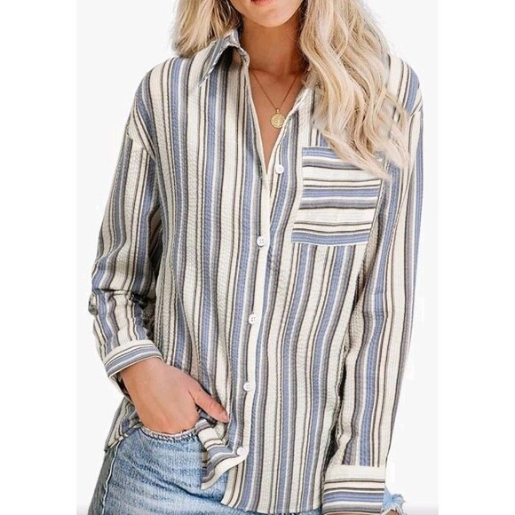 EVALESS Women's L Button Down Shirt Blouse White Blue Black Striped V Neck LS - Picture 1 of 11